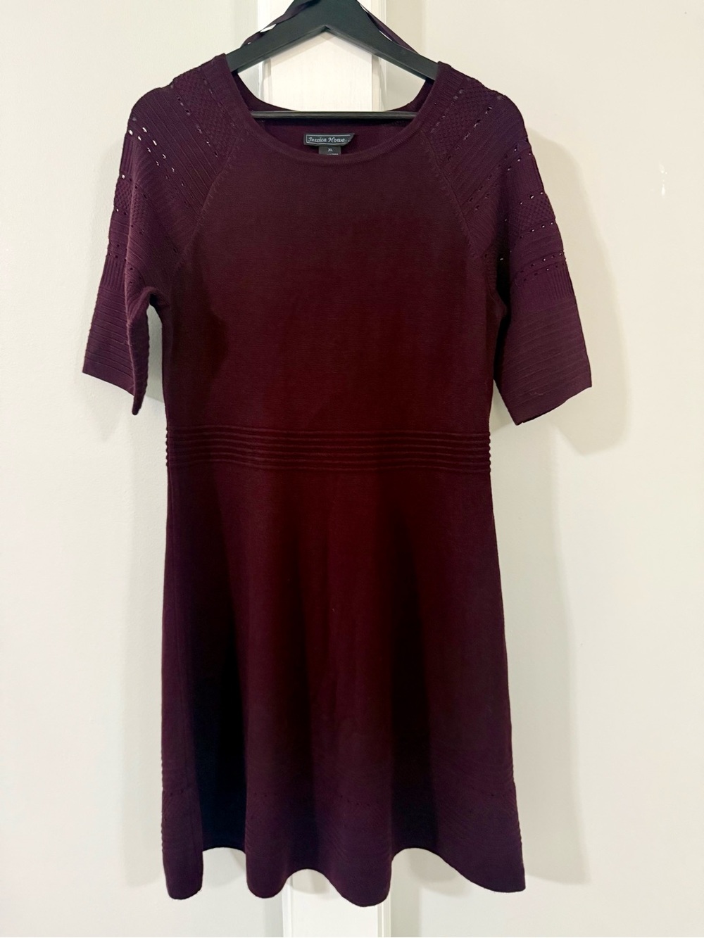 Jessica Howard Burgundy Short-Sleeve Knit Fit & Flare Sweater Dress, XL